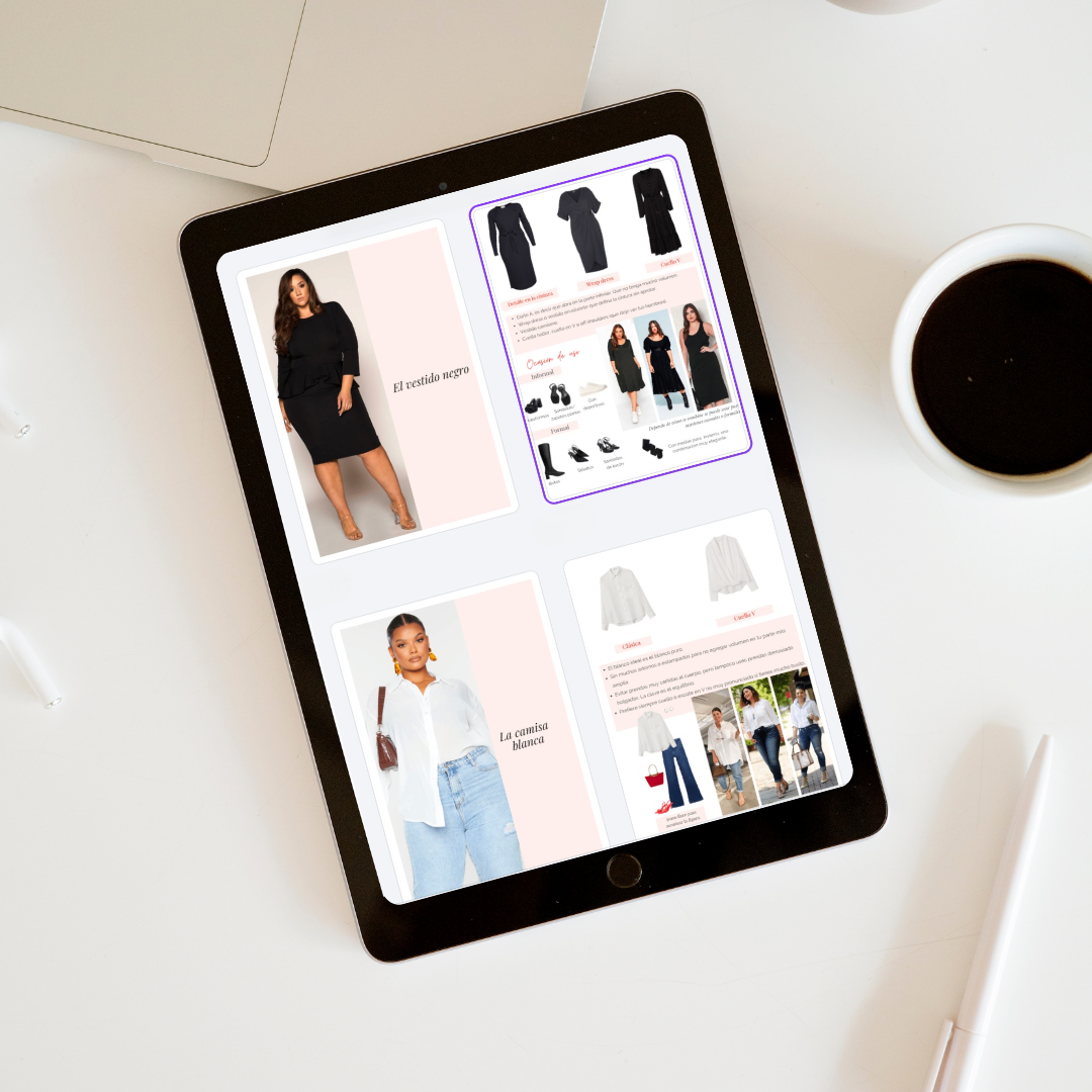 Pantalla de tableta con catálogo de ropa, mostrando un vestido negro y una blusa blanca, en un escritorio con taza de café y pluma.
