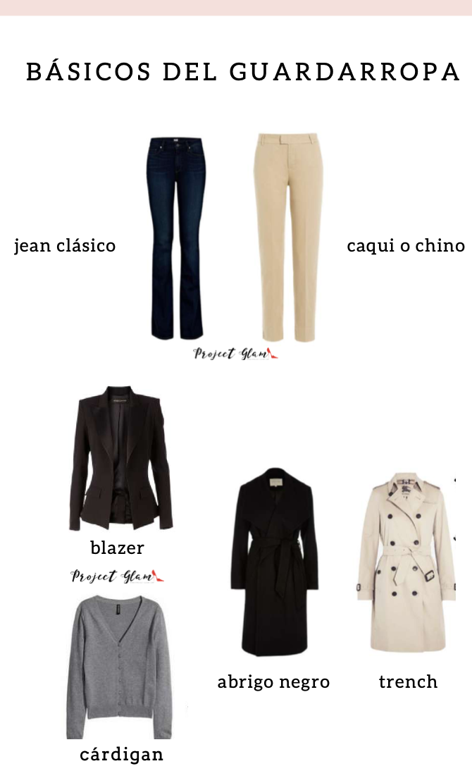 Guía de prendas básicas para el guardarropa, que incluye jeans clásicos, caqui o chino, blazer negro, abrigo negro, trench, y cárdigan gris.