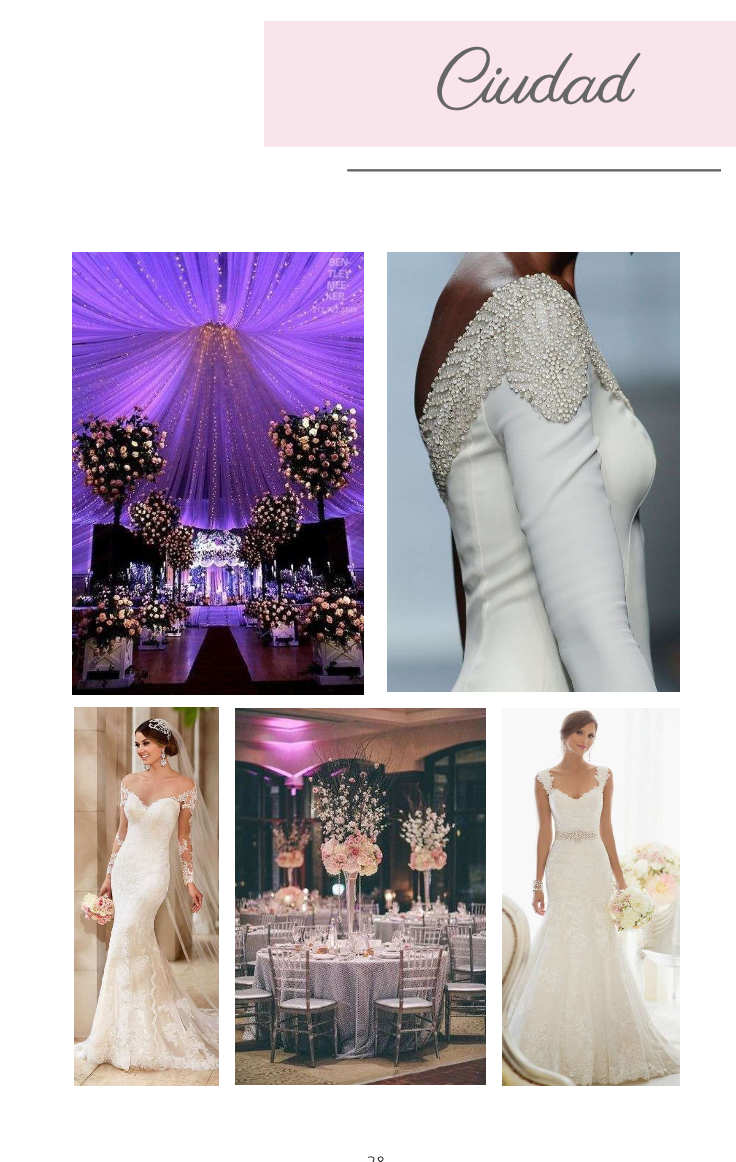 Decoraciones y vestidos de boda en una ciudad moderna, con flores y elegancia.