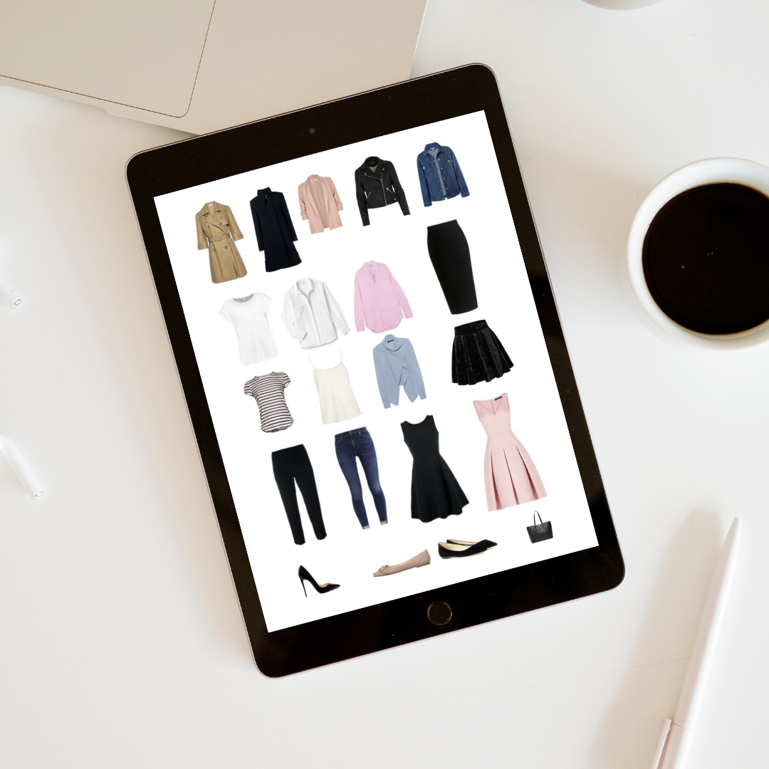 Tabla de ropa con diversas prendas y accesorios en una pantalla de tableta.