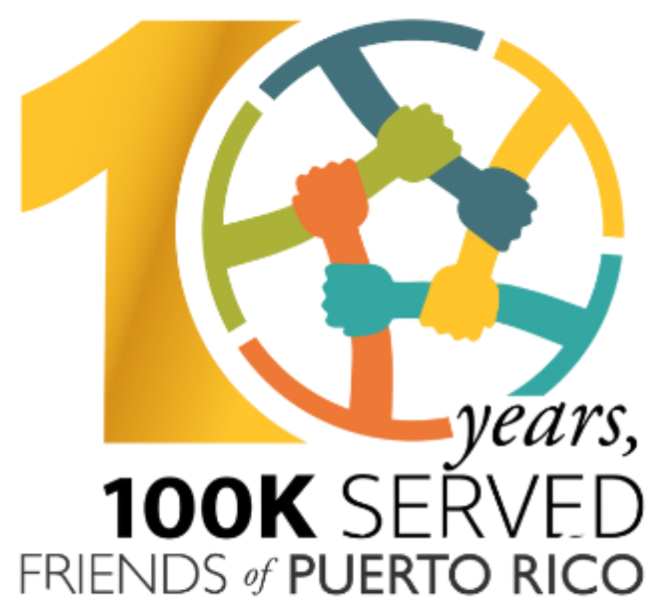 Logo celebrating 10 years of 100,000 served friends of Puerto Rico, featuring a large number 10 in gold, a circle of five hands in different colors clasped together, and the text "10 years 100K served friends of Puerto Rico" in black and gray.