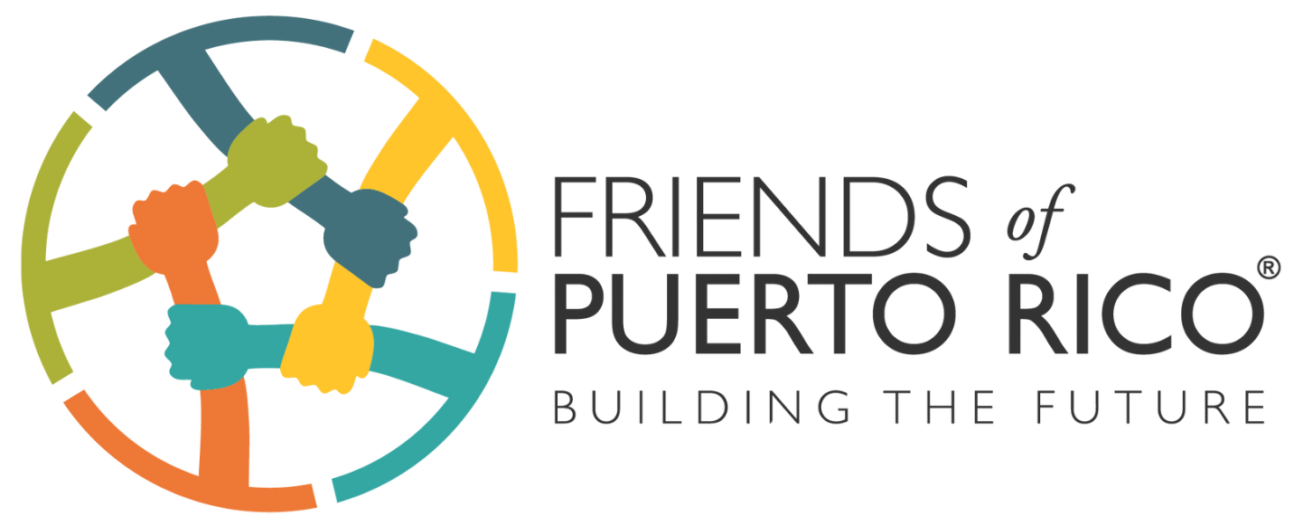 Logo for Friends of Puerto Rico: Building the Future featuring five stylized hands of different colors interconnected in a circle, with text to the right.