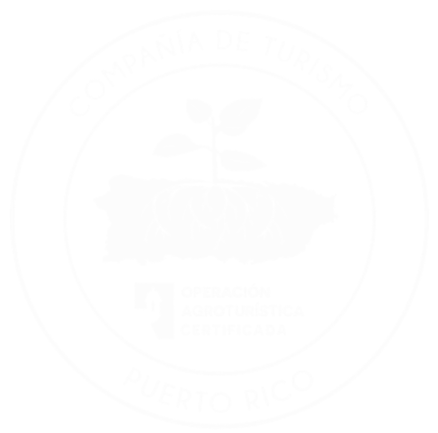 Black and white logo with a map of Puerto Rico, a small plant growing from it, and text that reads 'Compañía de Turismo Puerto Rico' and 'Certificación Asociación Certificada'.