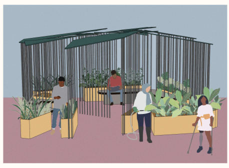 Concept design of people in a garden environment giving shade and surrounded by plants