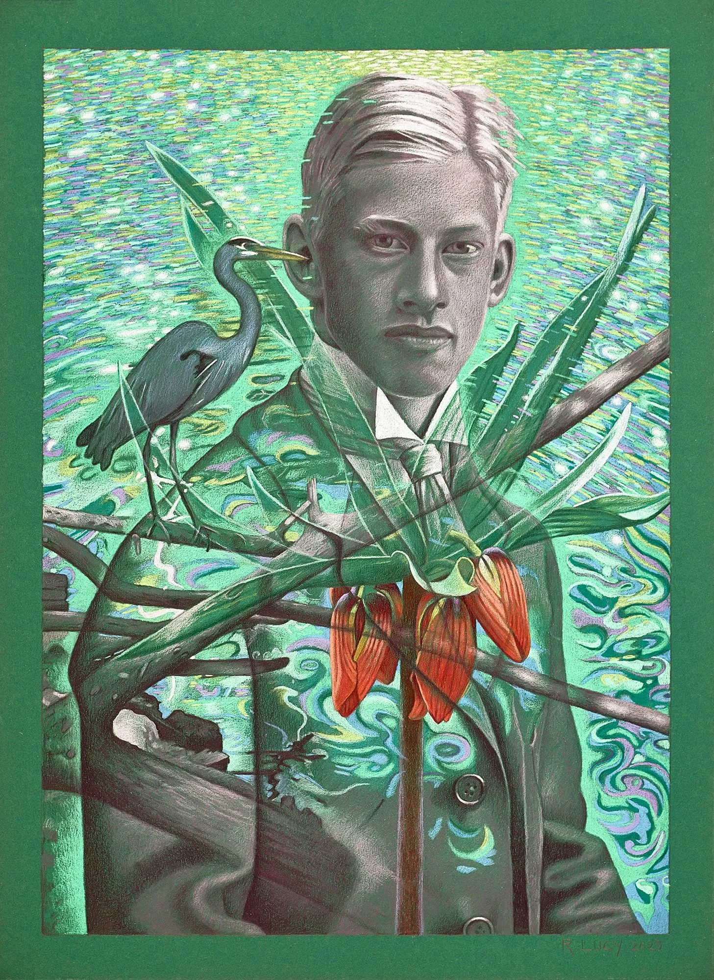 Whisper, 2023, Colored pencil on green paper, 22 x 16 inches (55.9 x 40.6 cm). 
