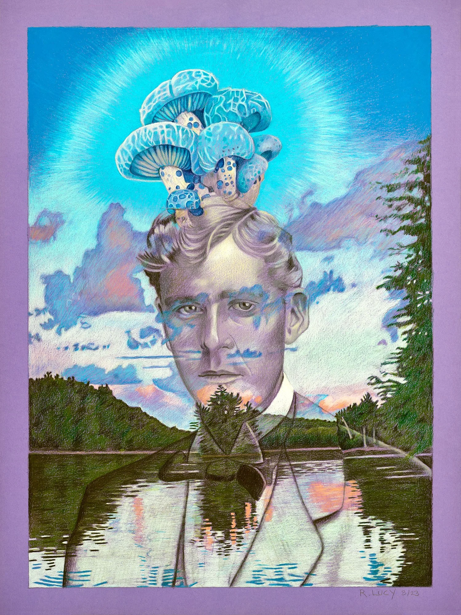 Mushroom Man, 2023, Colored pencil on colored paper, 22 x 16 inches (55.9 x 40.6 cm). 
