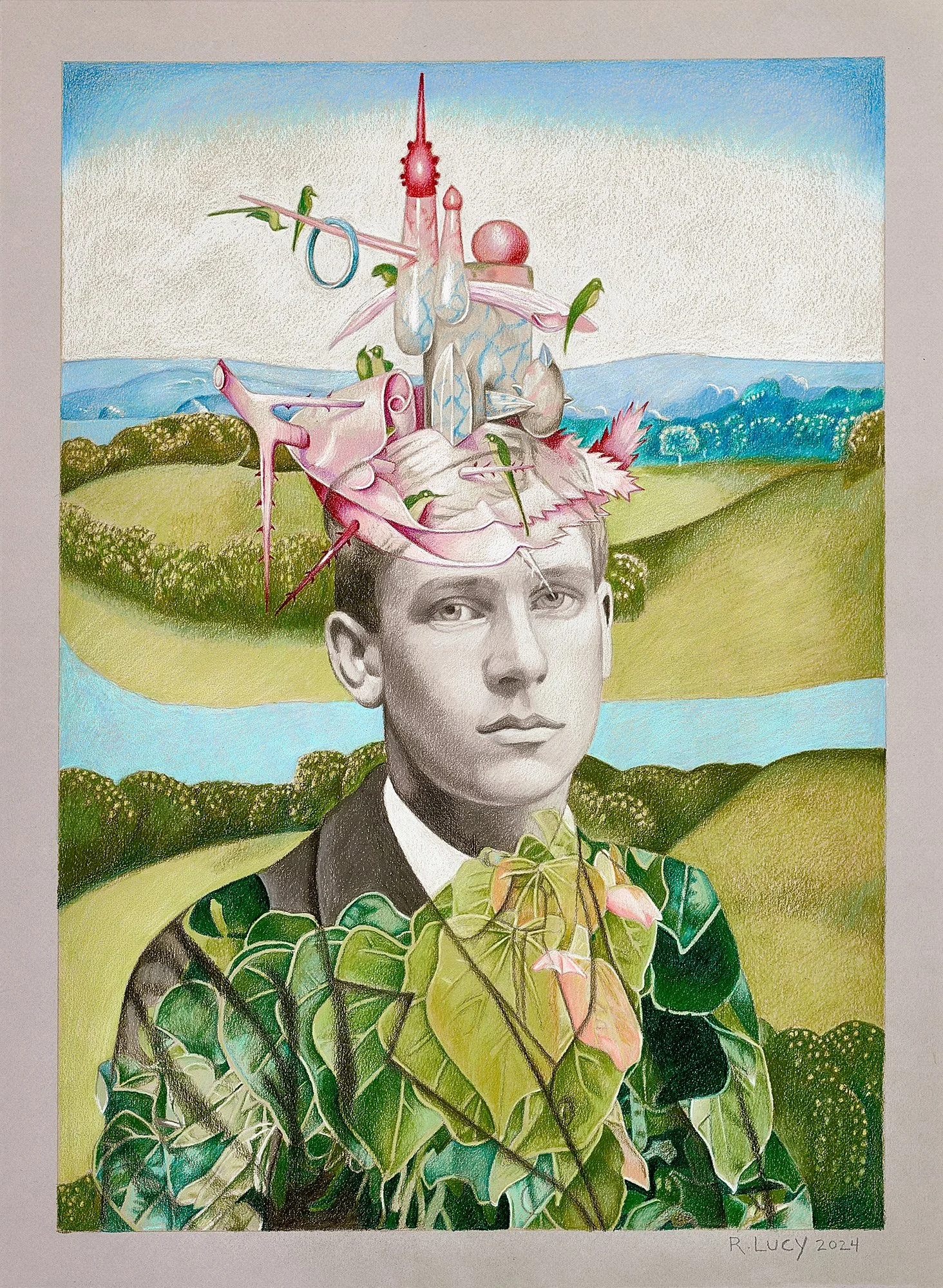 Flora, 2024, Colored pencil on colored paper, 22 x 16 inches (55.9 x 40.6 cm).
