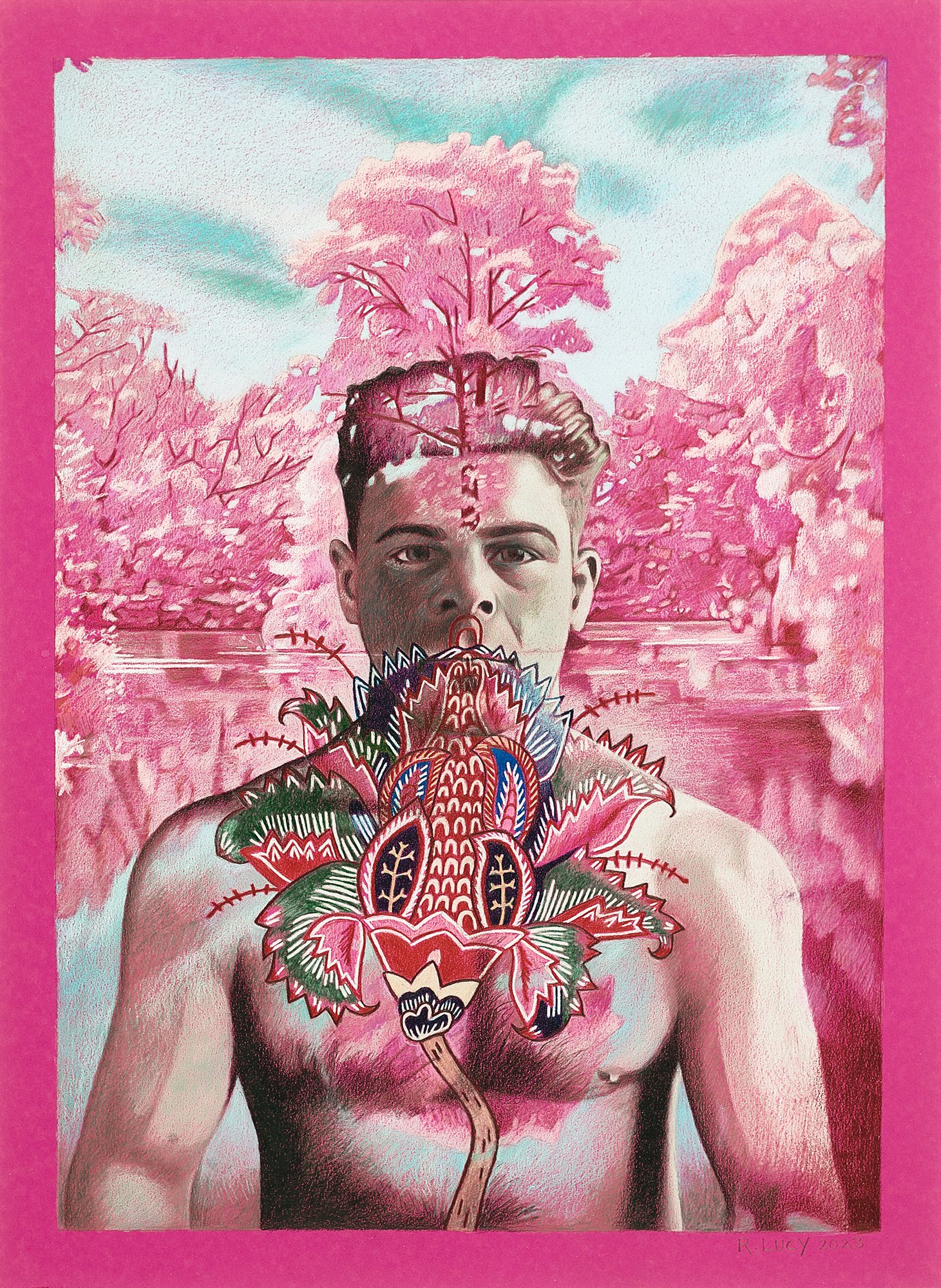 Garden, 2023, Colored pencil on colored paper, 22 x 16 inches (55.9 x 40.6 cm). 