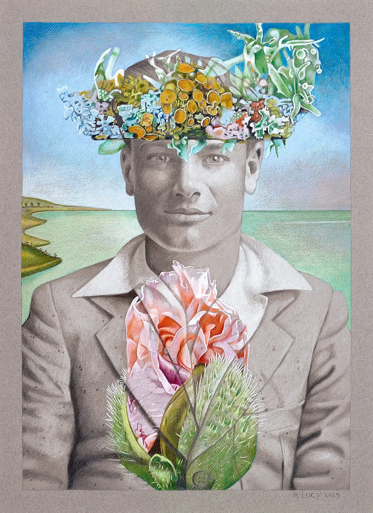 Bonnet, 2024, Colored pencil on colored paper, 22 x 16 inches (55.9 x 40.6 cm).
