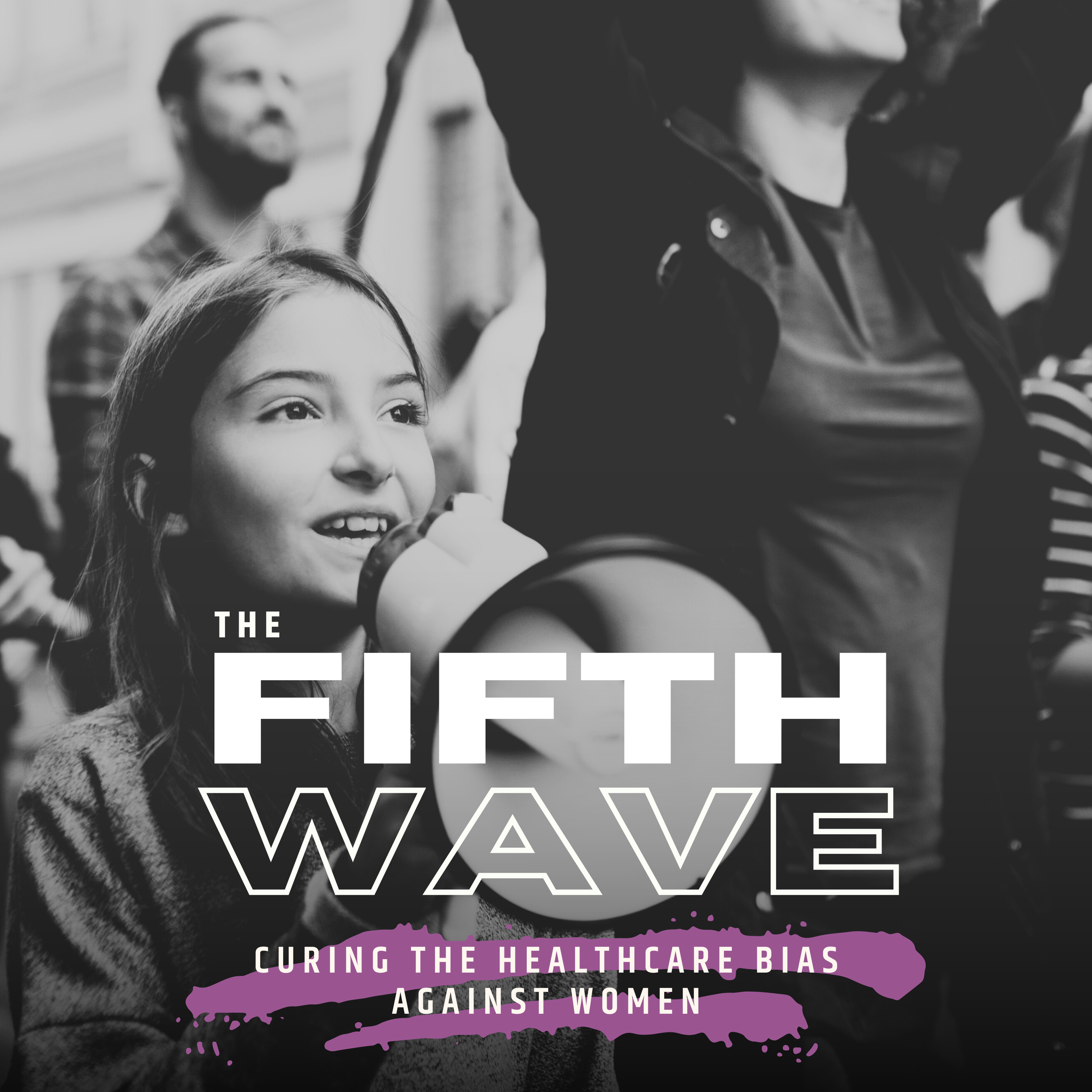 A young woman speaks into a megaphone surrounded by a group of diverse people, some with their arms raised, at a rally or protest, with overlaid text about healthcare bias and women.