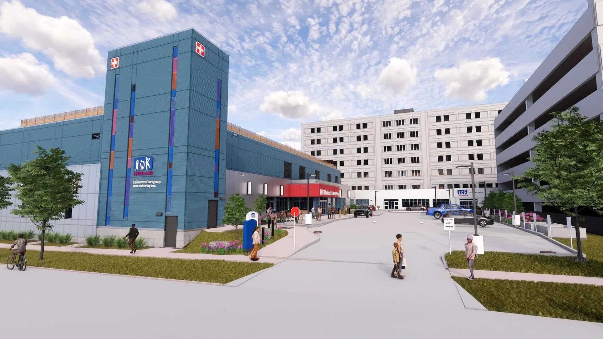 Rendering of a modern hospital with a blue multi-story building, a white parking garage in the background, and a pedestrian area with people walking, trees, and cars parked nearby.