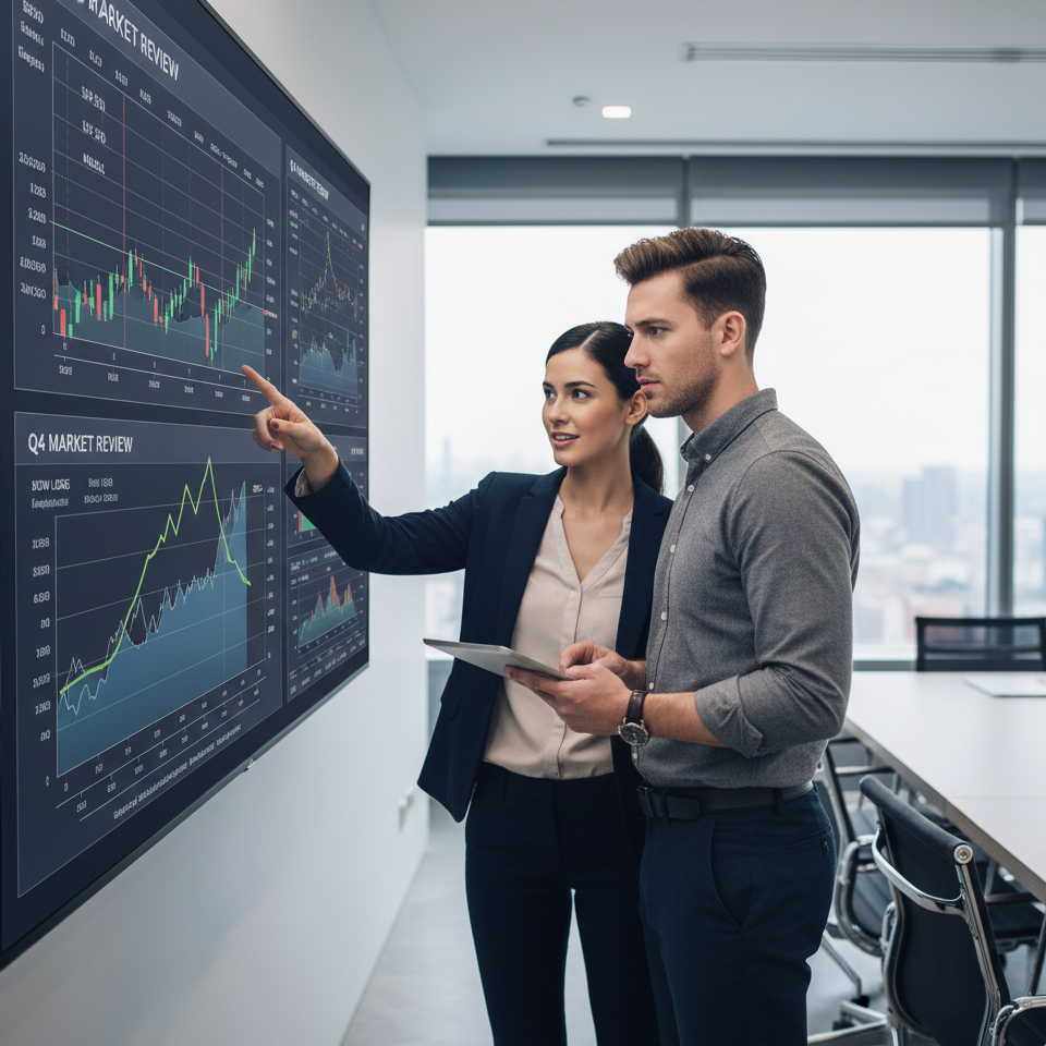 Employees looking at market