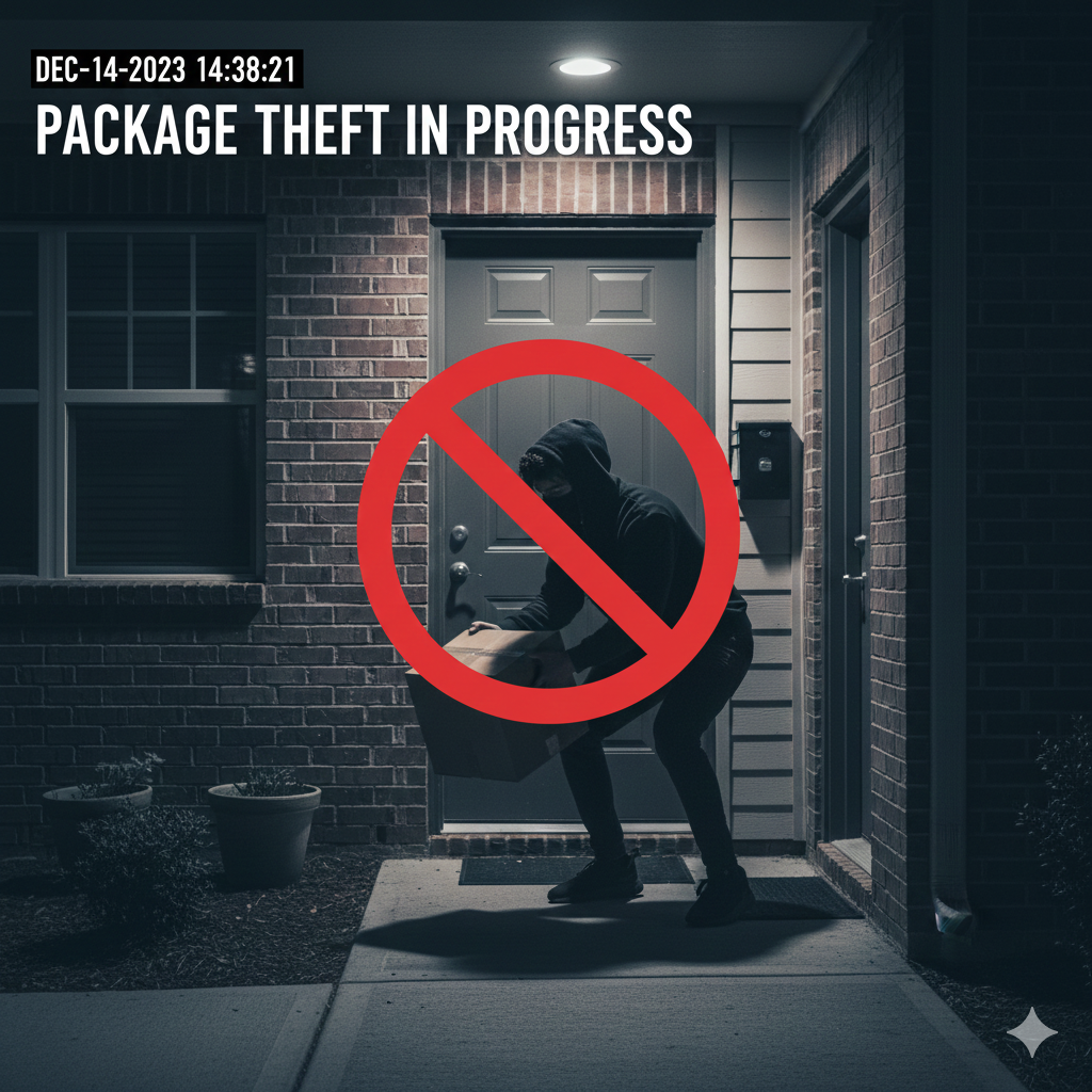 A person dressed in black, wearing a ski mask, stealing a package from a doorstep at night. A red circle with a line through it overlays the individual, indicating theft. Text at the top reads 'PACKAGE THEFT IN PROGRESS' with a timestamp.