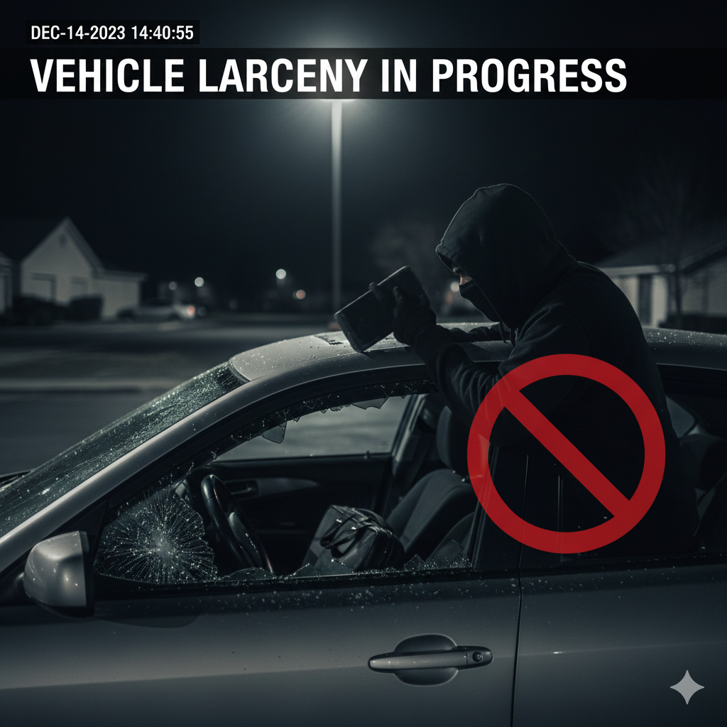 A person in a hoodie with a mask on, wearing gloves, is vandalizing a silver car with a hammer at night. The car's windshield is shattered, and the window on the driver’s side is broken. A red circle with a slash through it overlays the image. The scene is dimly lit, with a streetlamp illuminating the subject. The text on the image reads "Vehicle Larceny In Progress" and a timestamp of December 14, 2023, at 14:40:55.