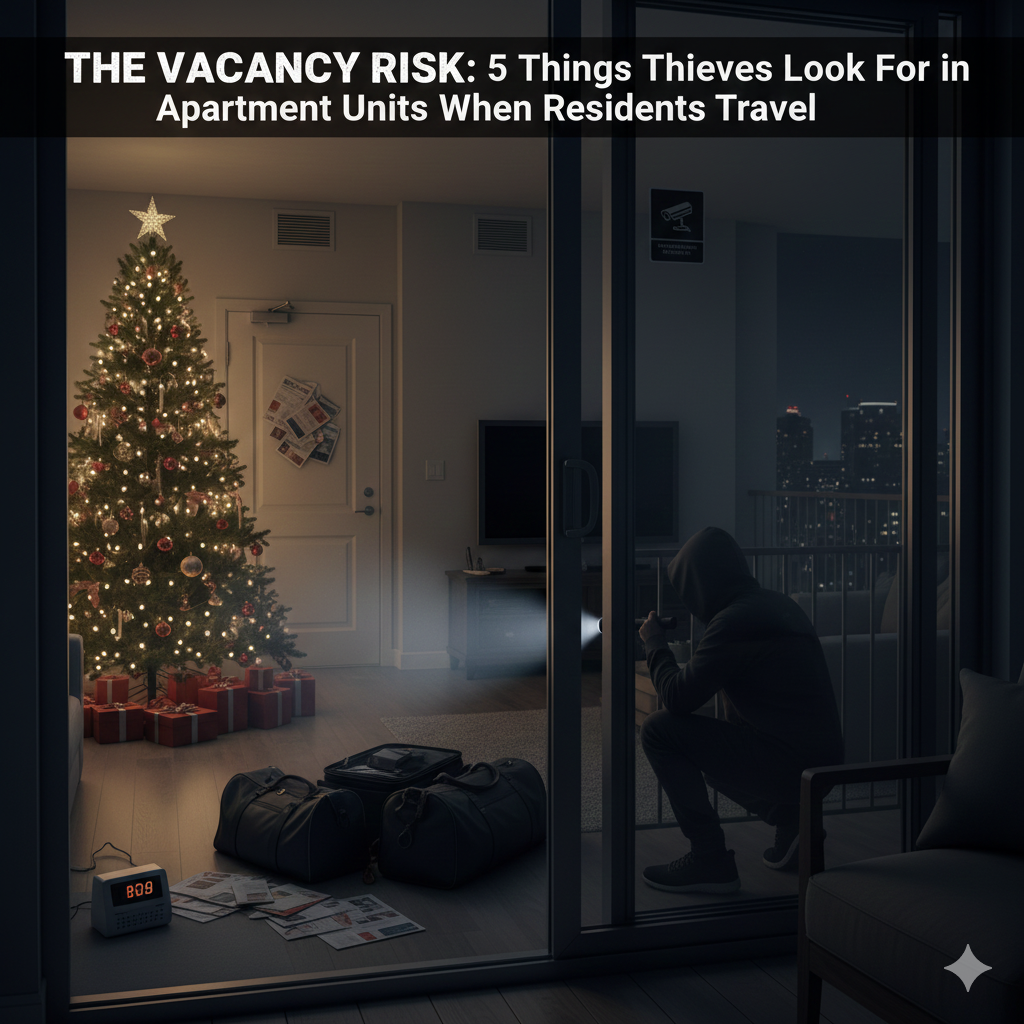 A person wearing a hoodie sitting in a dark apartment, preparing to break into the apartment, with a Christmas tree and wrapped presents inside, and bags and newspapers on the floor outside.