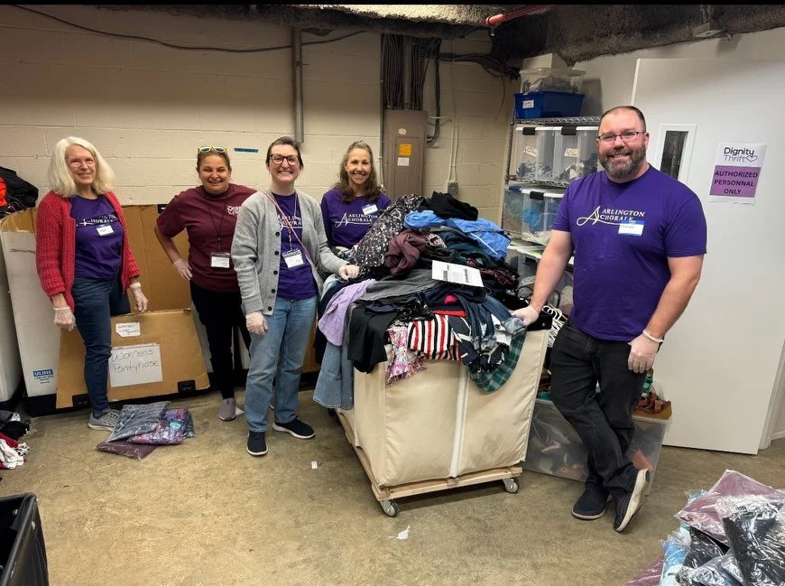 Service and community are two of the Arlington Chorale's core values &mdash; and we're proud of how our singers bring those values to life. 💜

Here are a few of our members volunteering at the @lssnca Resource Center, sorting women&rsquo;s clothing 