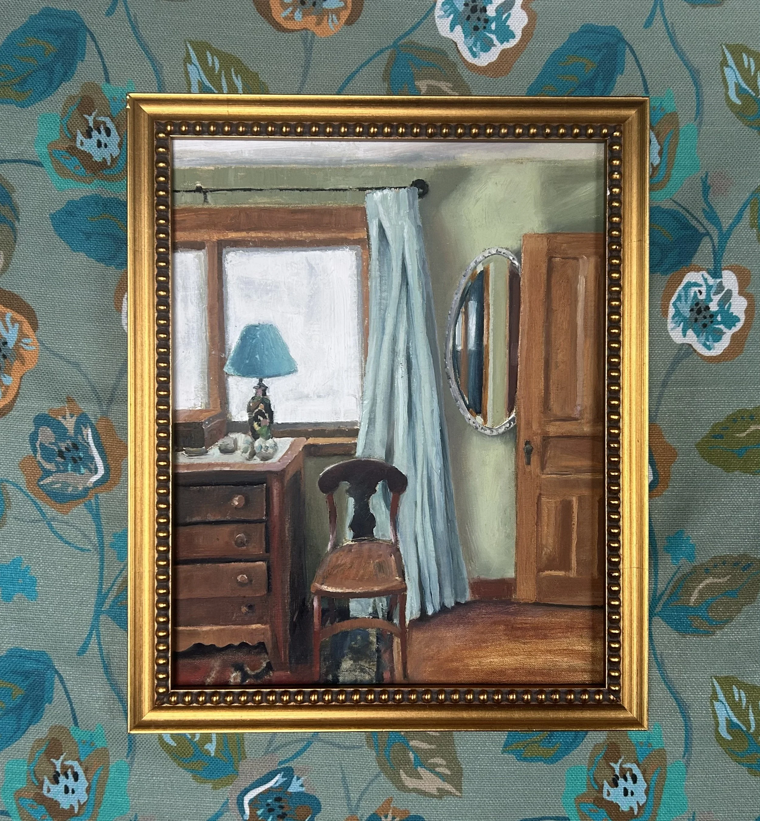 'Vermont Snowfall', Oil on linen panel, 8" x 10", Available. Original textile design as background. 
