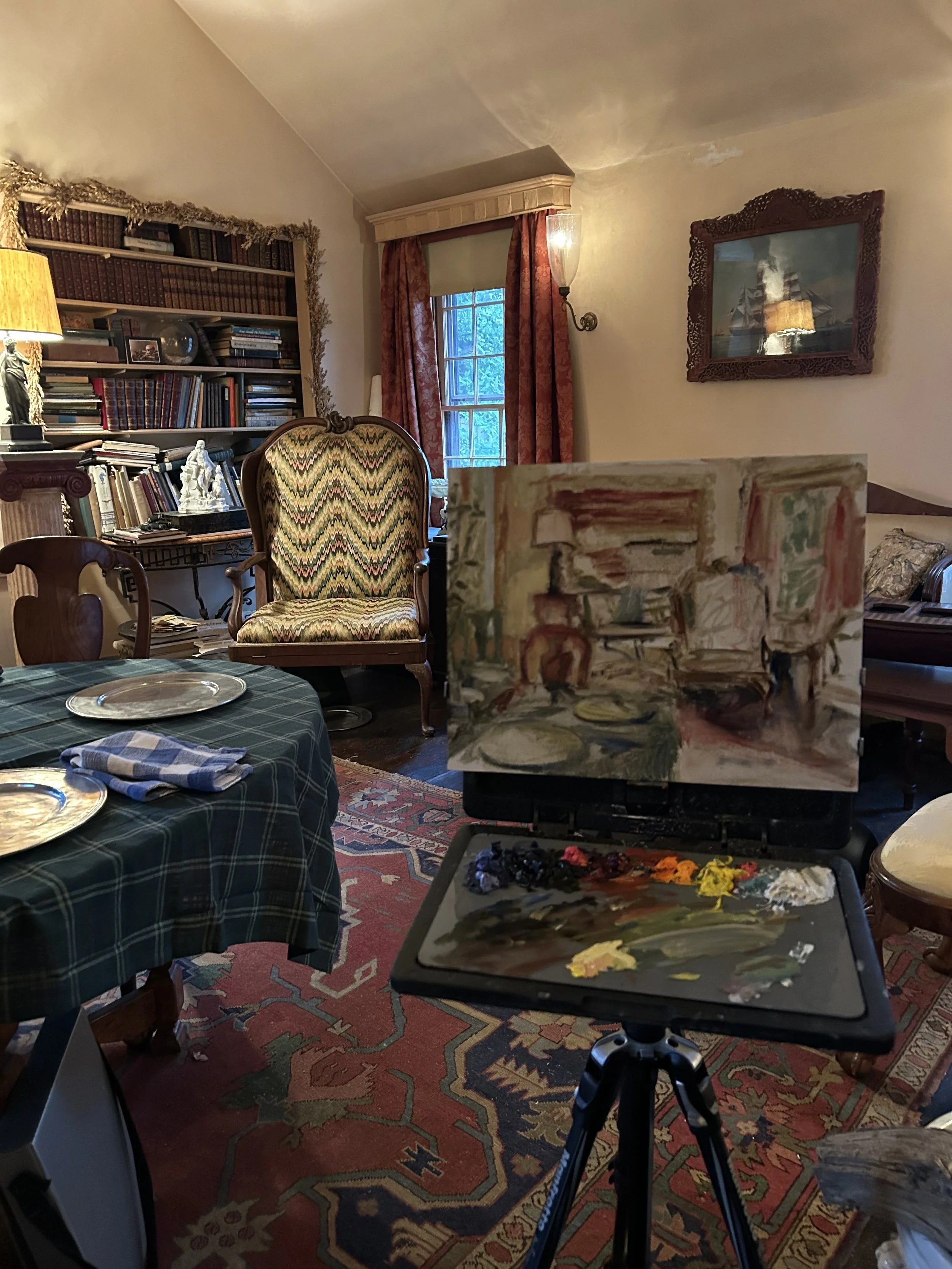 Painting alla prima in an interior. 