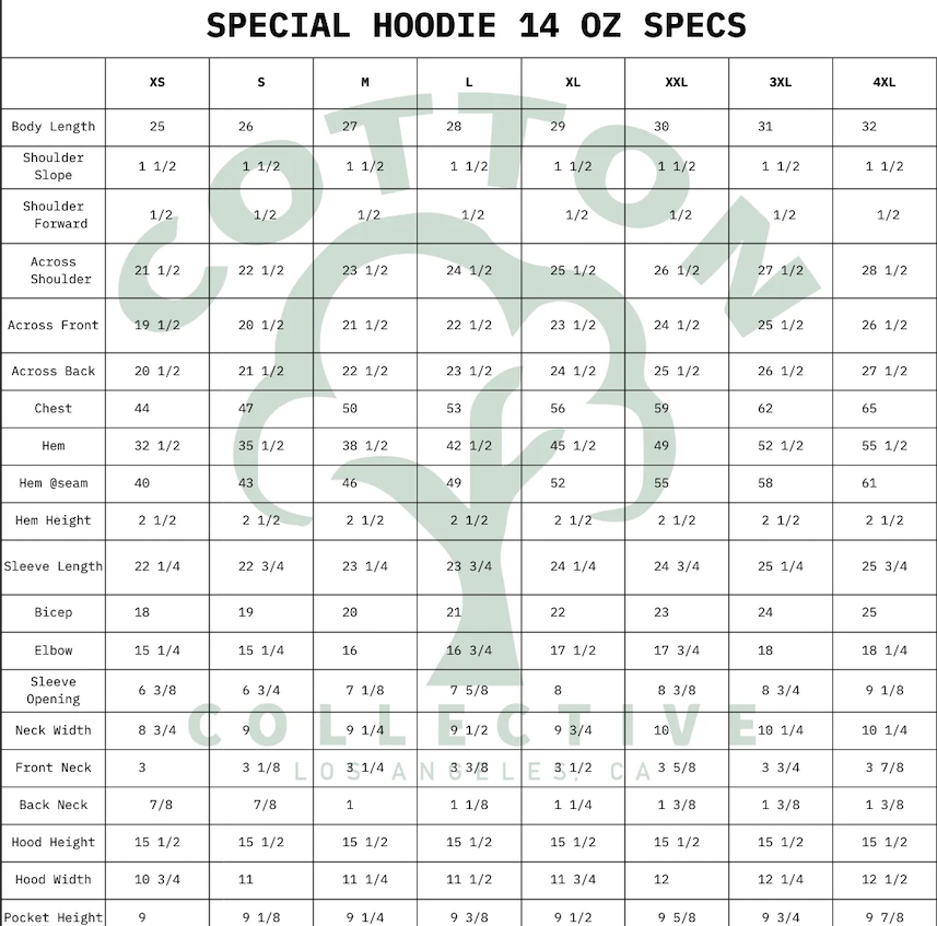 Size chart for a special hoodie, detailing measurements in inches for XS to 4XL, including body length, shoulder slope, shoulder forward, across shoulder, front and back, chest, hem, hem at seam, height, sleeve length, and other dimensions.