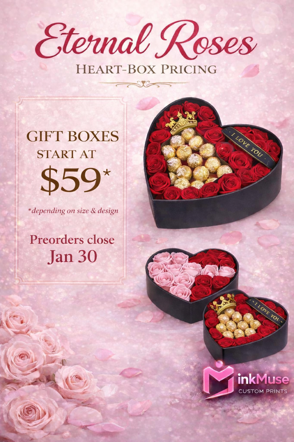 Advertisement for Eternity Roses featuring heart-shaped gift boxes of roses and chocolates, with prices starting at $59, and a note about preorder deadline on January 30, pink and red roses, and pink petal background.