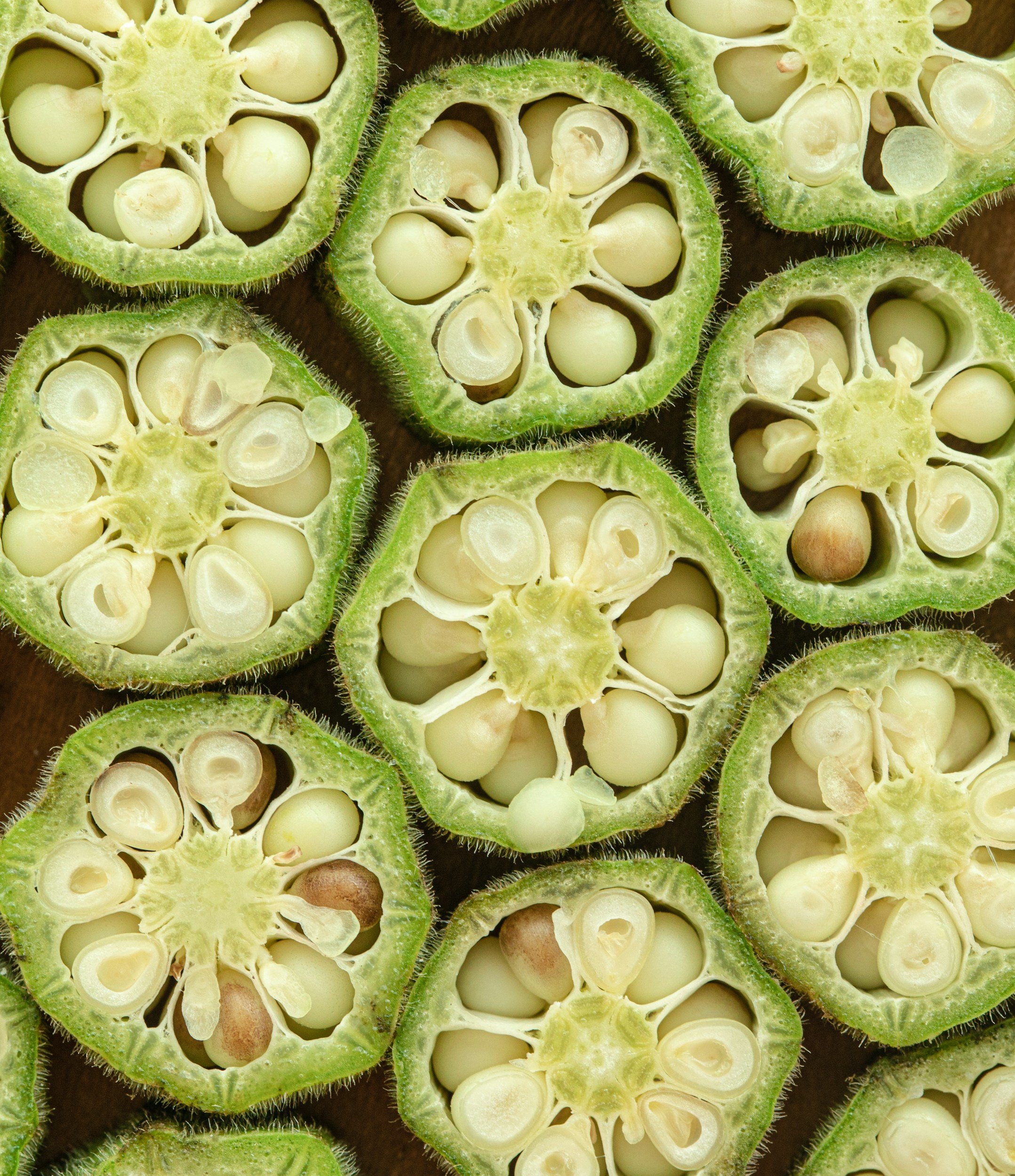 Close up photo of bright green okra. You can see the white and brown seeds within the pods.