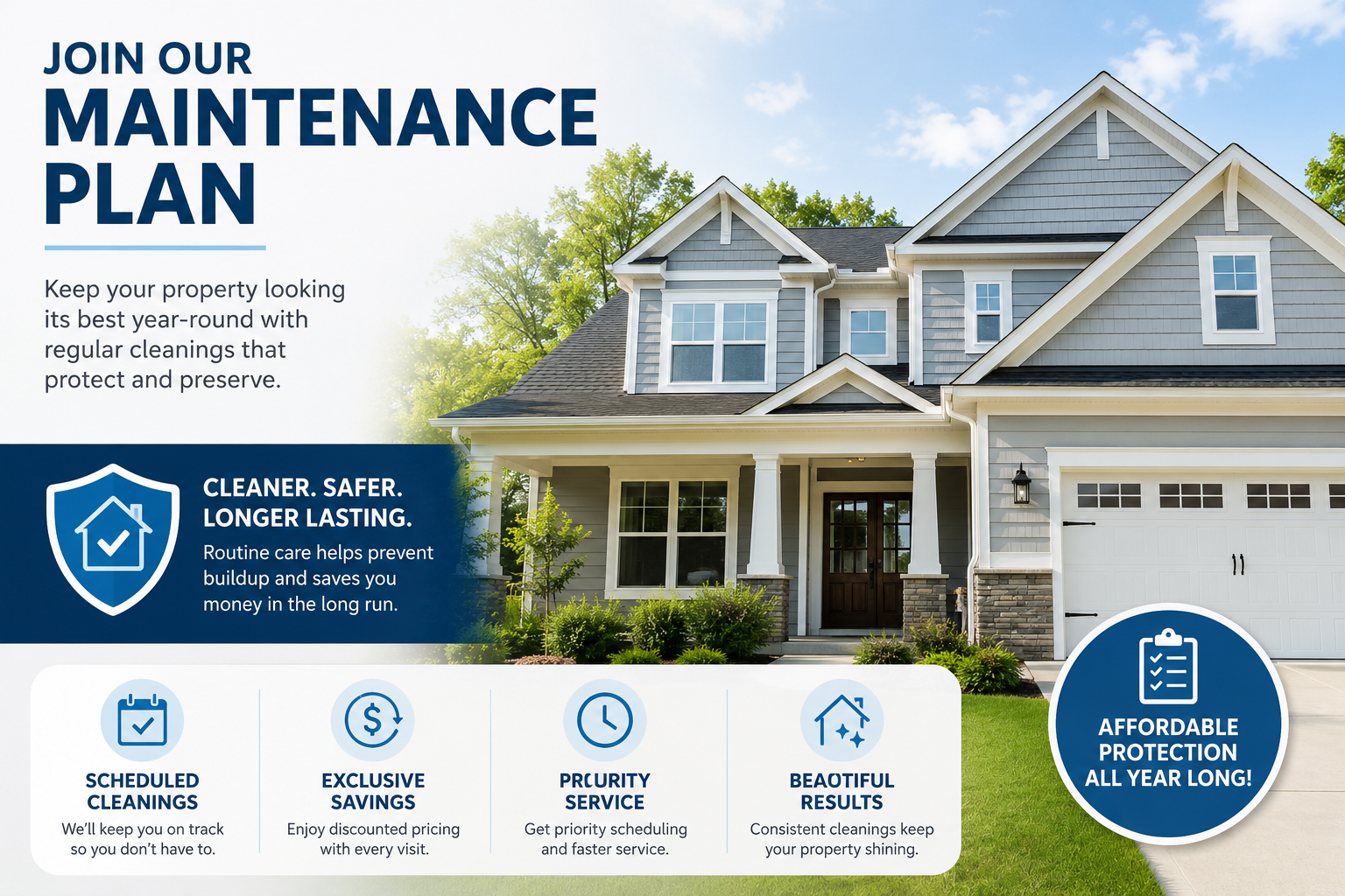 Promotional graphic for home maintenance plan featuring a large house with a lawn and trees, and text highlighting benefits like scheduled cleanings, exclusive savings, priority service, and beautiful results.