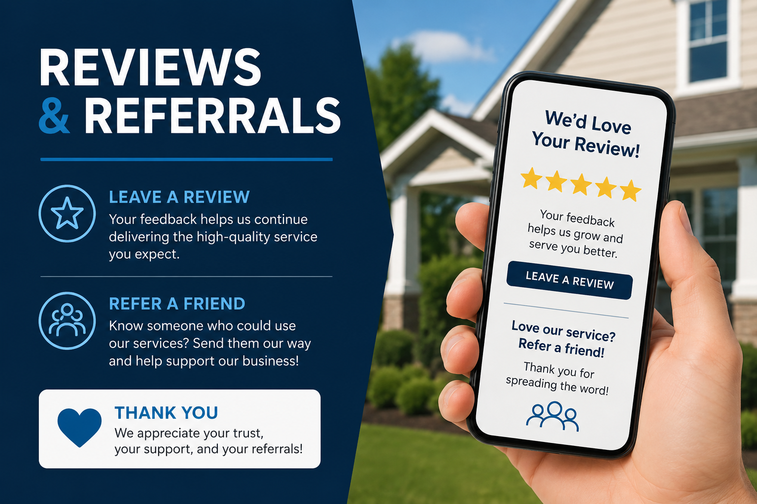 A promotional image for reviews and referrals, featuring a hand holding a smartphone displaying a five-star review and a call to action for leaving a review and referring a friend, with a background of a suburban house and blue sky.