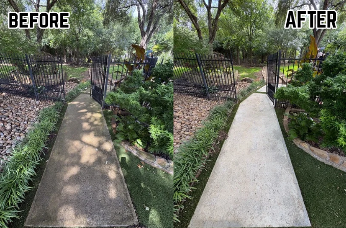 Side-by-side comparison of a garden pathway before and after cleaning. The 'before' side shows a dirt and moss-covered concrete path with greenery on both sides and a black metal fence at the end. The 'after' side shows the same path cleaned and lightened, with the surrounding plants and fence still visible, but the pathway looks cleaner and more polished.