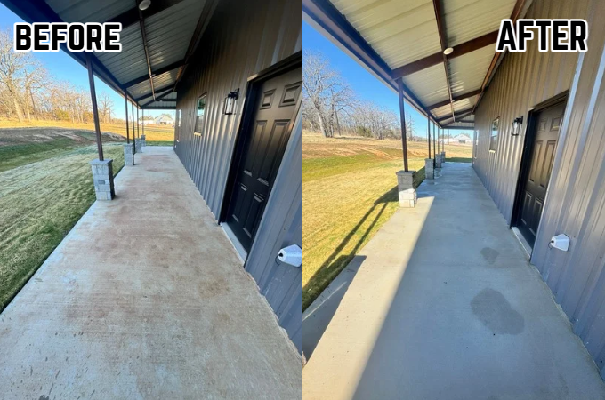 Side-by-side comparison of a porch before and after cleaning. The left shows a worn, stained concrete sidewalk, and the right shows a clean, freshly sealed concrete sidewalk with shadows cast from the roof.
