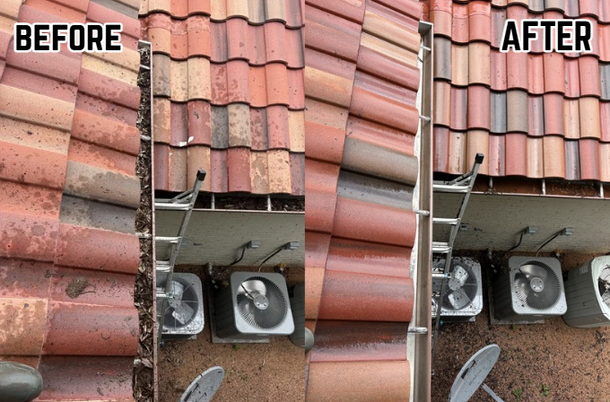 Side-by-side comparison of a rooftop before and after cleaning, showing repaired roof tiles and new attic fans.
