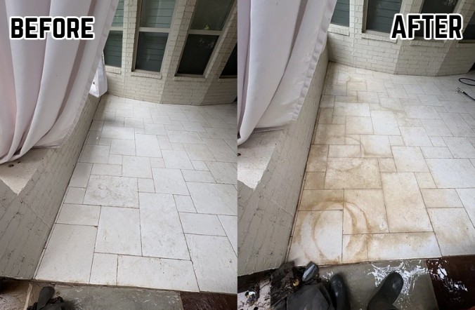 Side-by-side comparison of a tiled balcony floor before and after cleaning. The 'before' image shows a cleaner, white-tiled surface, while the 'after' image shows a dirtier, stained area with some water and cleaning supplies visible.