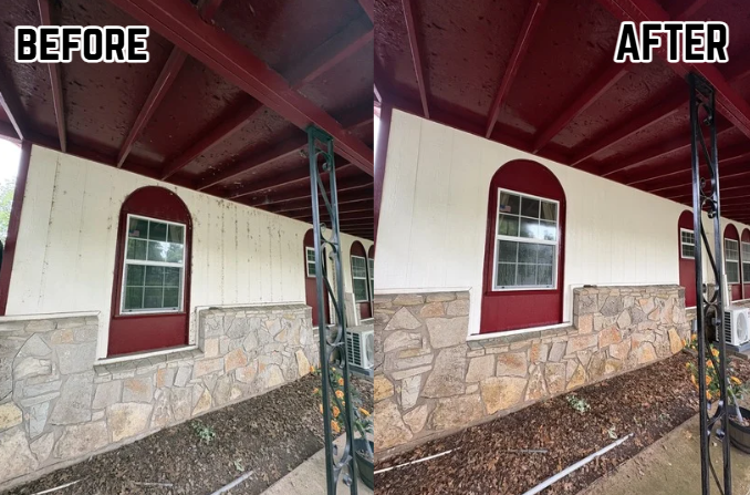 Side-by-side before and after images of a house's exterior wall. The wall has a stone base, a white section, and a red arch window. In the after photo, the wall appears cleaner and more freshly painted.