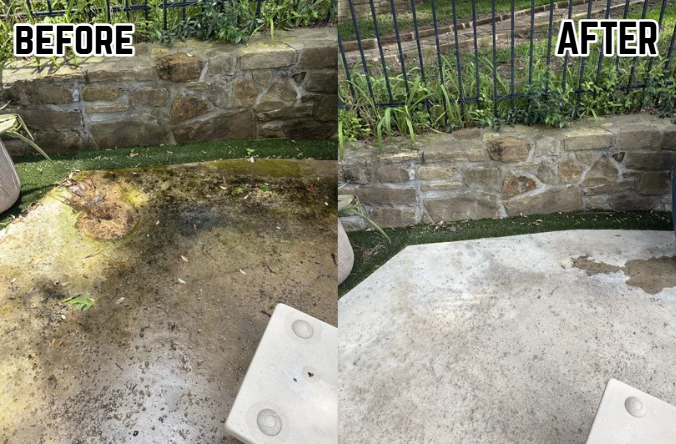 Side-by-side comparison of a backyard yard with dirty, mossy, and stained concrete before cleaning and the same area after cleaning with cleaner, showing a much cleaner concrete surface and a clearer view of the stone wall and plants.