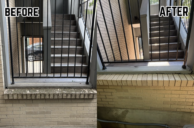 Comparison of a staircase gate before and after repair, showing a damaged gate with bent bars in the before image and a straightened, repaired gate in the after image, both with brick walls and a porch.