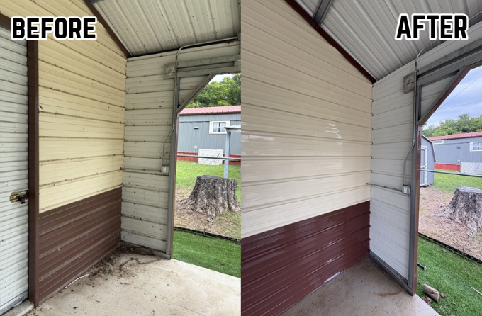 Comparison of a corner of a garage or shed with peeling paint and dirt before cleaning and repainting, then after repainting with clean, fresh paint.
