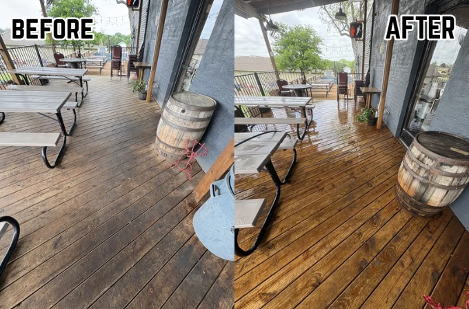 Comparison of a wooden deck before and after cleaning and refinishing, showing improved appearance and shine.