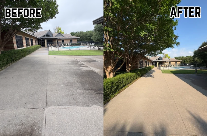 Comparison of a sidewalk area before and after cleaning. The left side shows a dirty, stained concrete sidewalk near a building and a swimming pool, while the right side shows the same sidewalk cleaned, looking brighter and more vibrant.