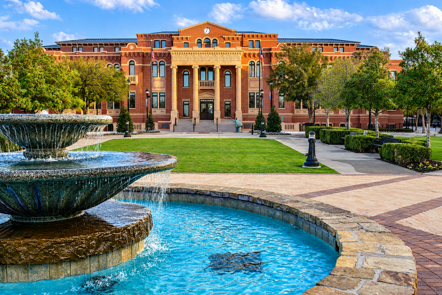A historic red brick building with a clock at the top, flanked by trees, steps leading up to its entrance, and a fountain in the foreground with water cascading into a pool, set in a landscaped park with benches and lampposts.