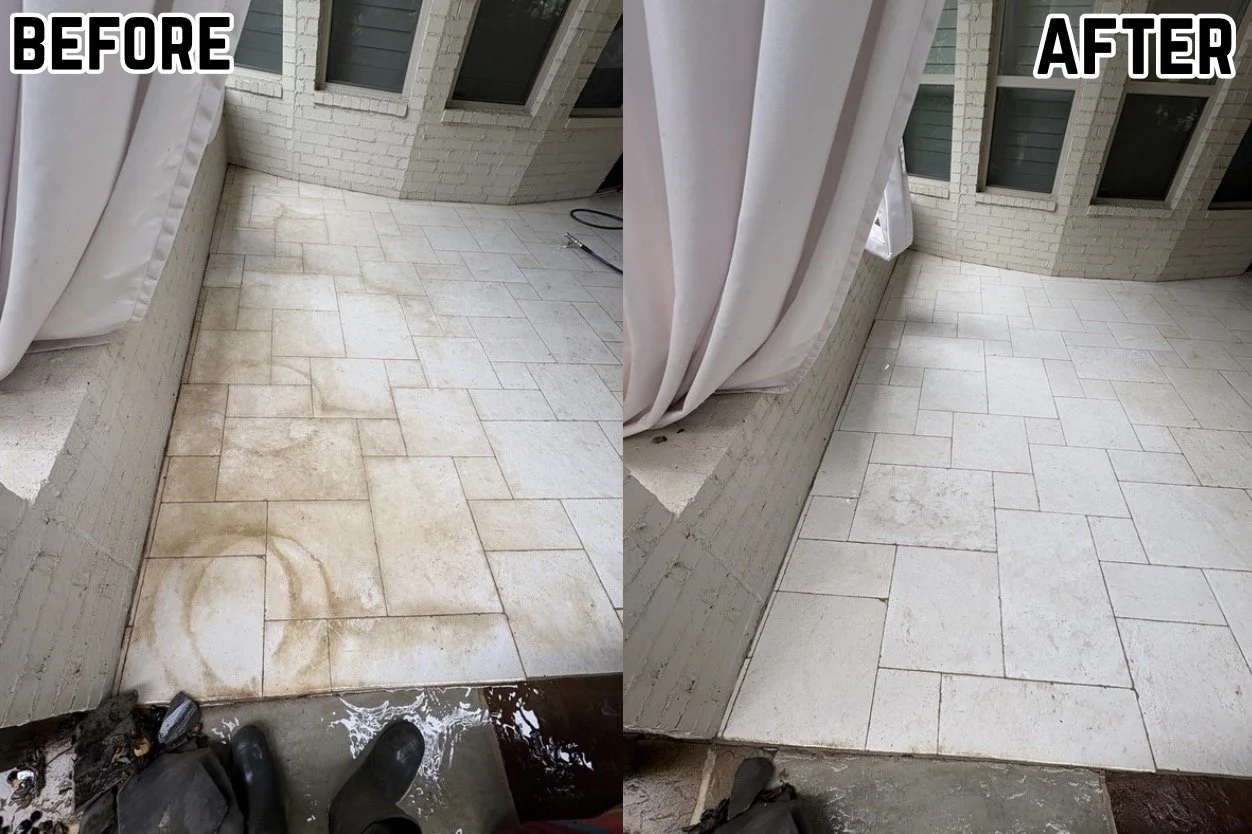 Side-by-side comparison of a balcony floor before and after cleaning. The 'before' side shows dirt and stains on light-colored tiles, while the 'after' side shows the tiles cleaned and now looking bright and fresh.