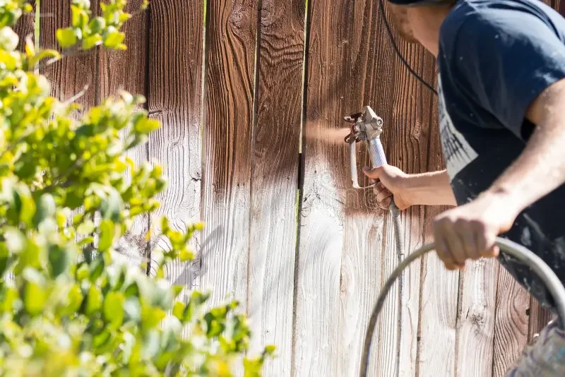 Person spray painting a wooden fence outdoors.