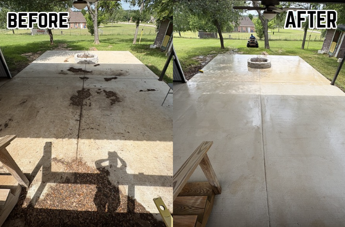 Comparison of a backyard patio before and after cleaning and resurfacing. The left side shows dirt, stains, and debris on the concrete, while the right side shows a clean, smooth, and polished surface.