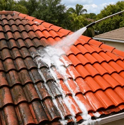 Power washer cleaning a tiled roof with water spray.