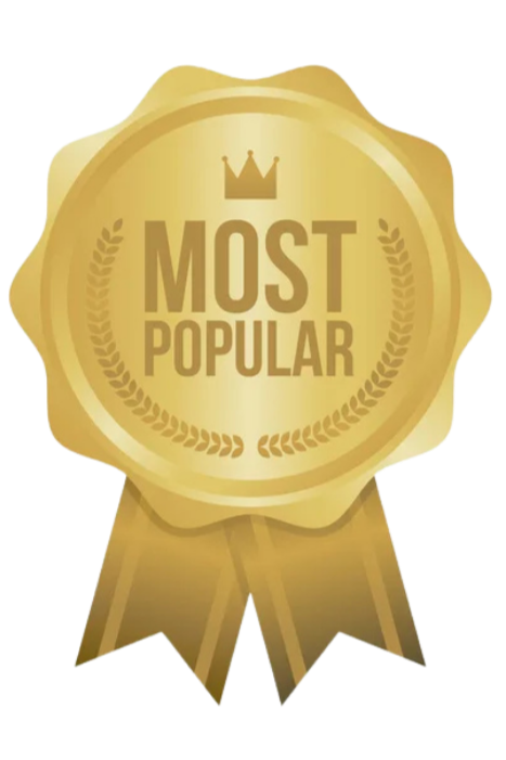 Gold award ribbon with "Most Popular" text and a crown emblem.