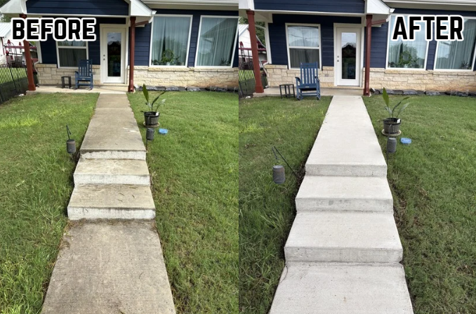 Side-by-side comparison of a house front yard showing a concrete walkway before and after cleaning or repair, with grass on both sides and a house in the background.