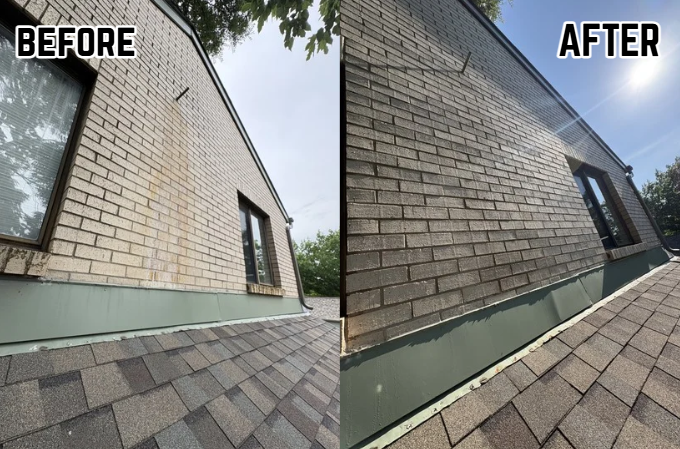 Comparison of building exterior before and after cleaning or renovation, showing a brick wall above a roof with a green flashing. Before side has dirt and grime; after side appears cleaner.