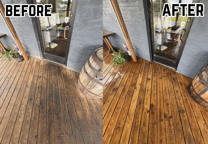 Side-by-side comparison of a wooden porch before and after cleaning and restoration, showing a lighter, polished wood surface on the right.
