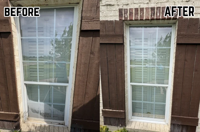 Comparison of a window with a damaged screen before cleaning or repair on the left and after cleaning or repair on the right, showing a clean window with no damage.