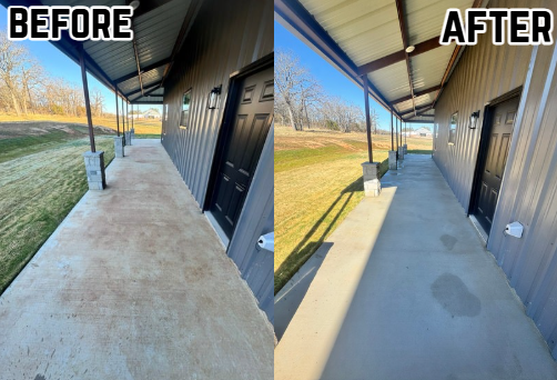 Sidewalk along a building before and after cleaning, showing a cleaner surface in the after image with shadows cast by the roof.