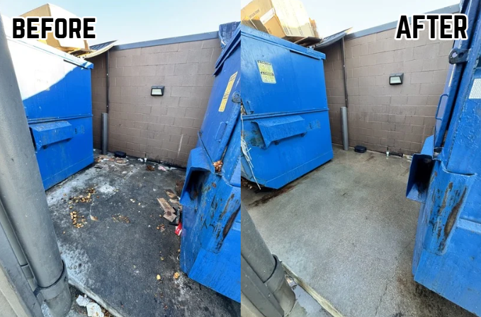 Side-by-side comparison of an alleyway showing a messy, trash-filled area with a blue dumpster before cleaning and a clean, trash-free area after cleaning.