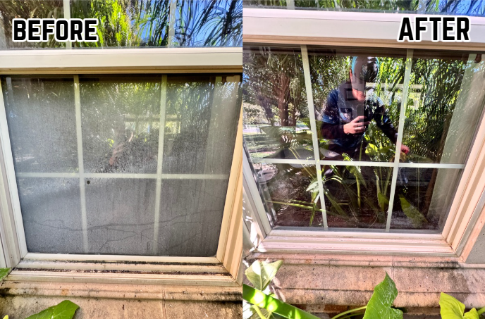 Comparison picture showing a dirty, foggy window on the left labeled 'BEFORE' and a clean, clear window on the right labeled 'AFTER'.